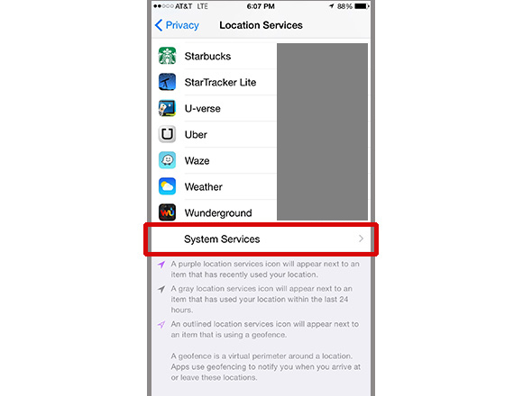 In Location Services, scroll to the bottom and tap "System Services"